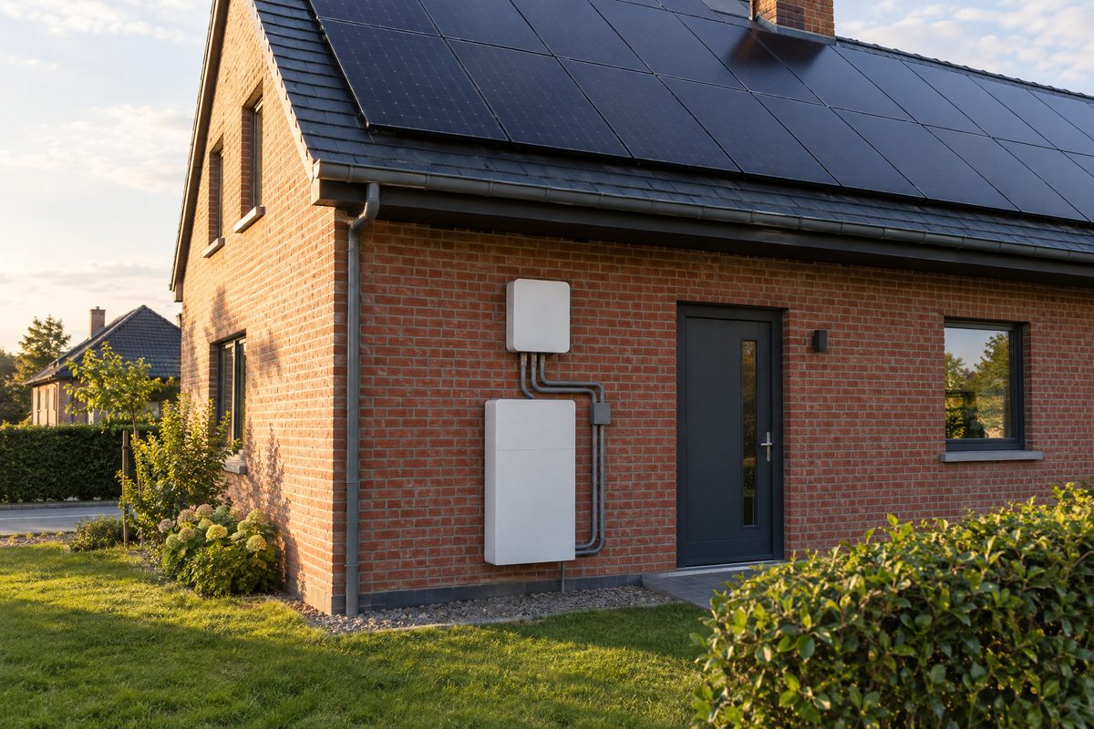 Batterie domestique extérieure fixée sur la façade d'une maison avec panneaux solaires
