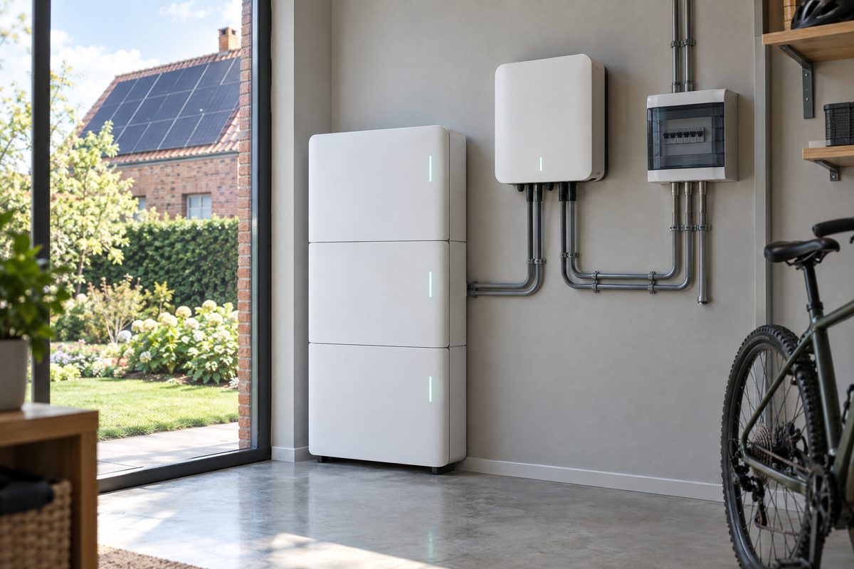 Batterie panneau solaire : batterie domestique murale et onduleur hybride dans un garage, panneaux solaires sur le toit voisin