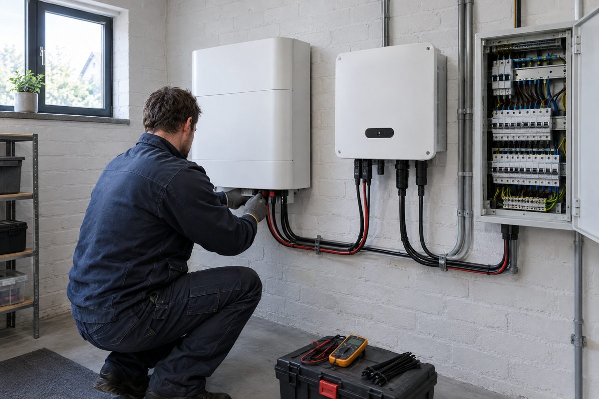 Installateur de batterie domestique raccordant la batterie et l'onduleur hybride dans une maison
